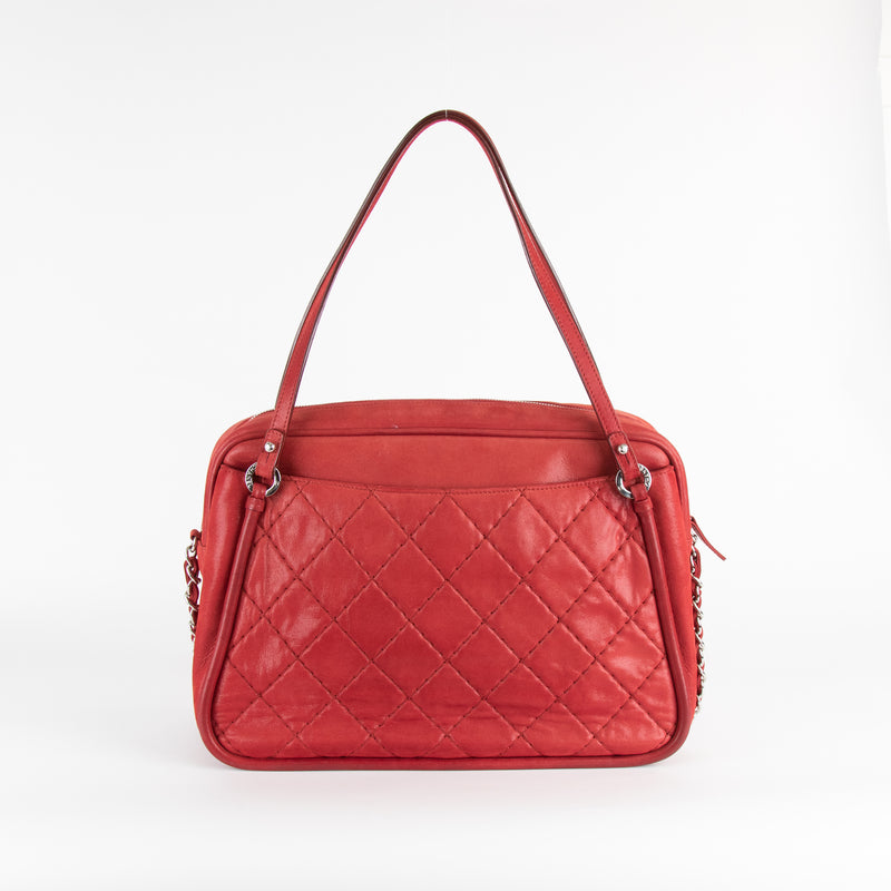 Chanel Red Silver Hardware Quilted Leather Shoulder Bag