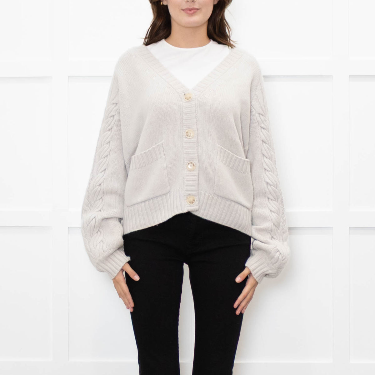 Naadam Putty Grey Cable Knit Arm Wool/Cashmere Mix Cardigan