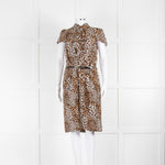 Luisa Spagnoli Brown Animal Print Ruffle Short Sleeve Belted Dress