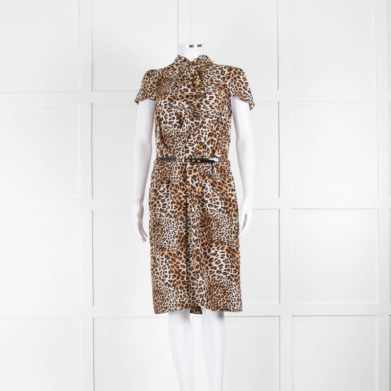 Luisa Spagnoli Brown Animal Print Ruffle Short Sleeve Belted Dress