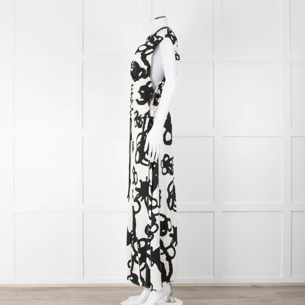 Christopher Kane White Black Floral Ruched Trim Maxi Dress