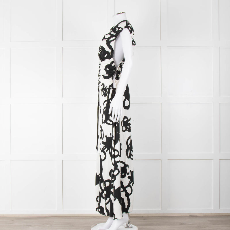 Christopher Kane White Black Floral Ruched Trim Maxi Dress