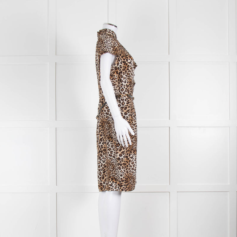 Luisa Spagnoli Brown Animal Print Ruffle Short Sleeve Belted Dress