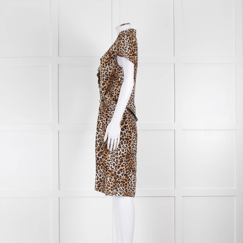 Luisa Spagnoli Brown Animal Print Ruffle Short Sleeve Belted Dress