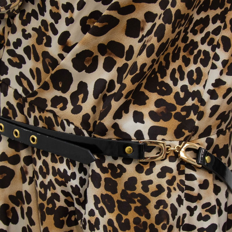 Luisa Spagnoli Brown Animal Print Ruffle Short Sleeve Belted Dress