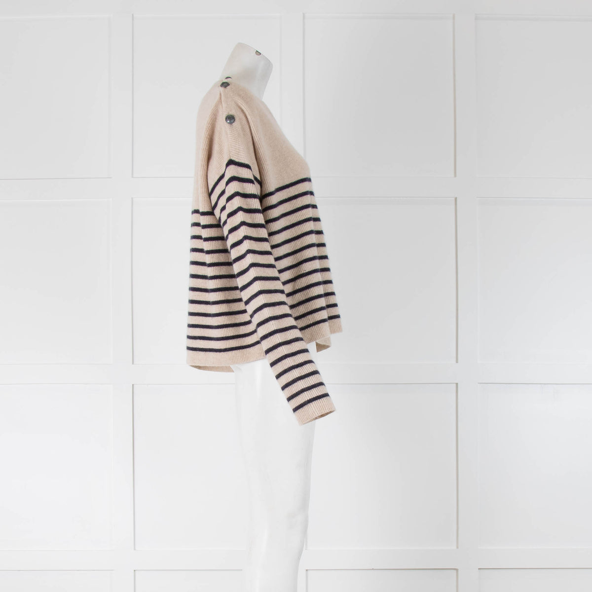 The Kooples Beige Jumper With Blue Stripes and Shoulder Buttons