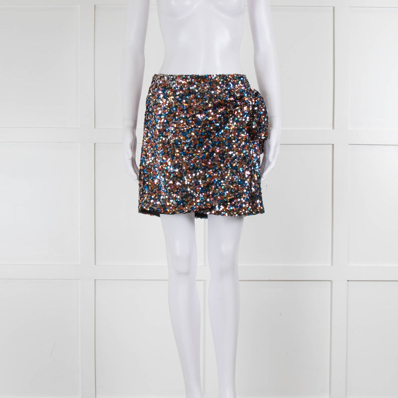 Sezane Silver Blue Copper Sequin Wrap Mini Skirt With Top