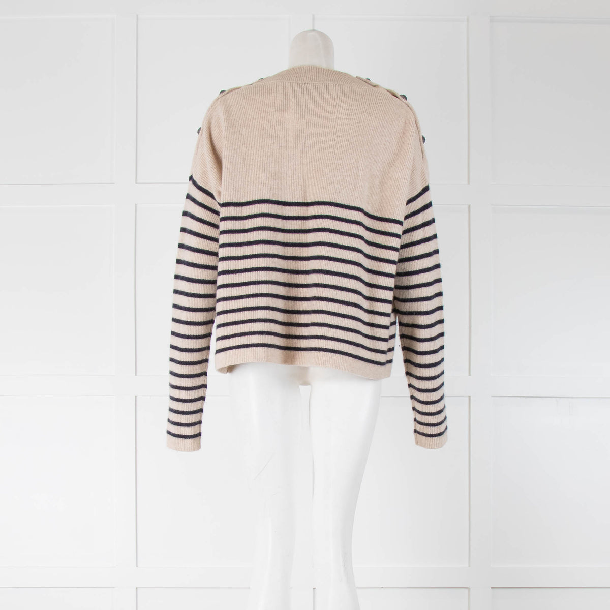 The Kooples Beige Jumper With Blue Stripes and Shoulder Buttons