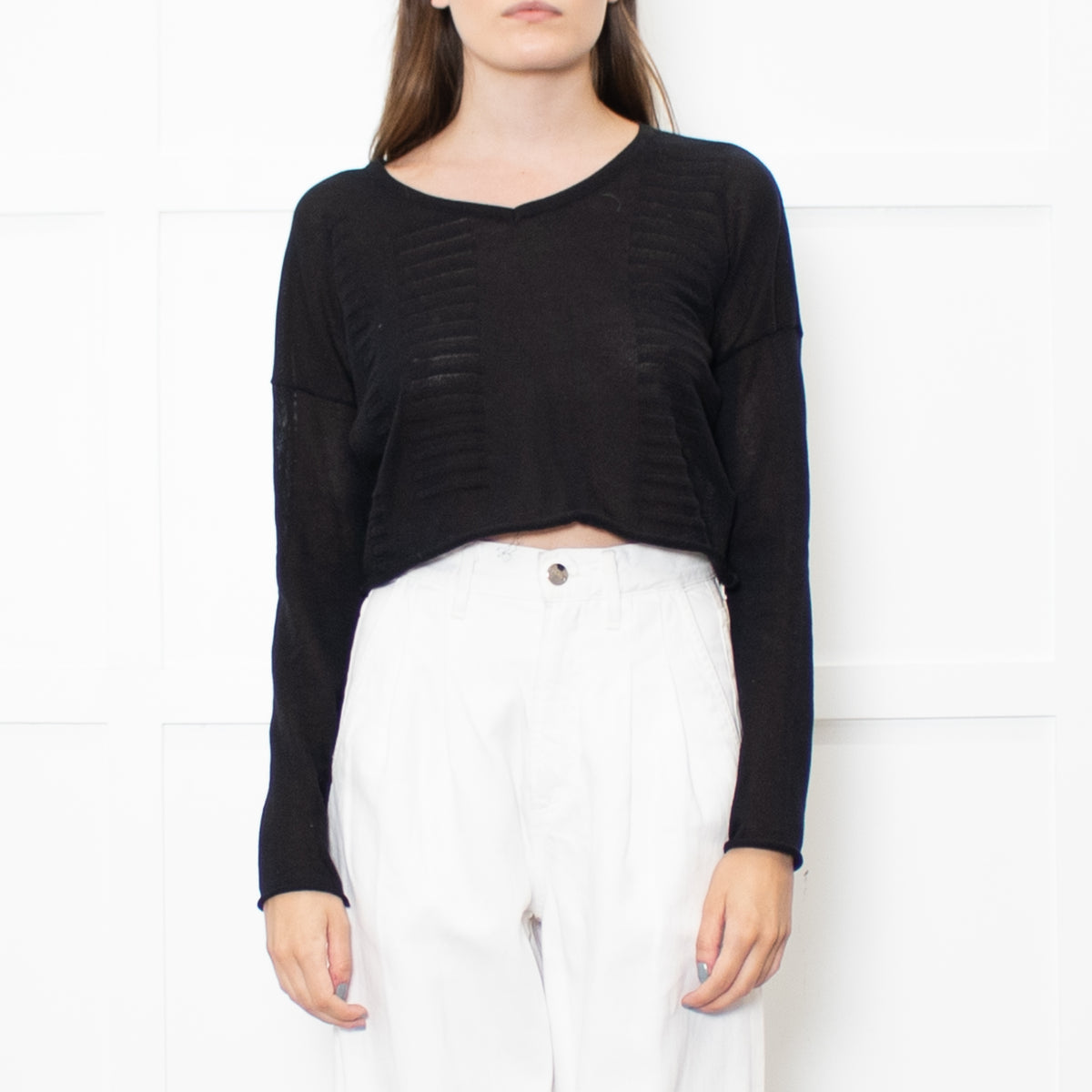Sarah Pacini Black Knitted Long Sleeve Crop Top