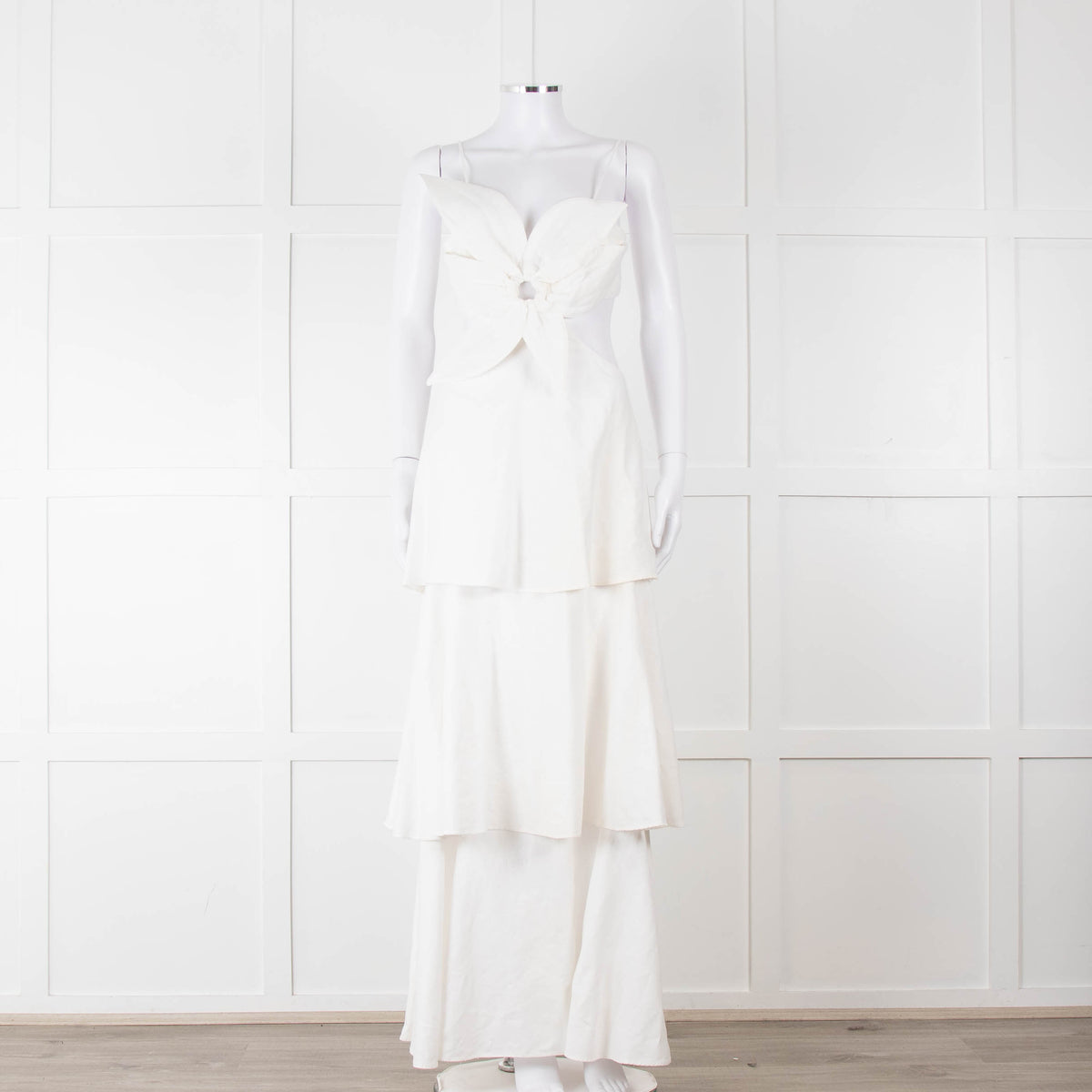 Farm Rio White Linen Tiered Cut Away Maxi Dress