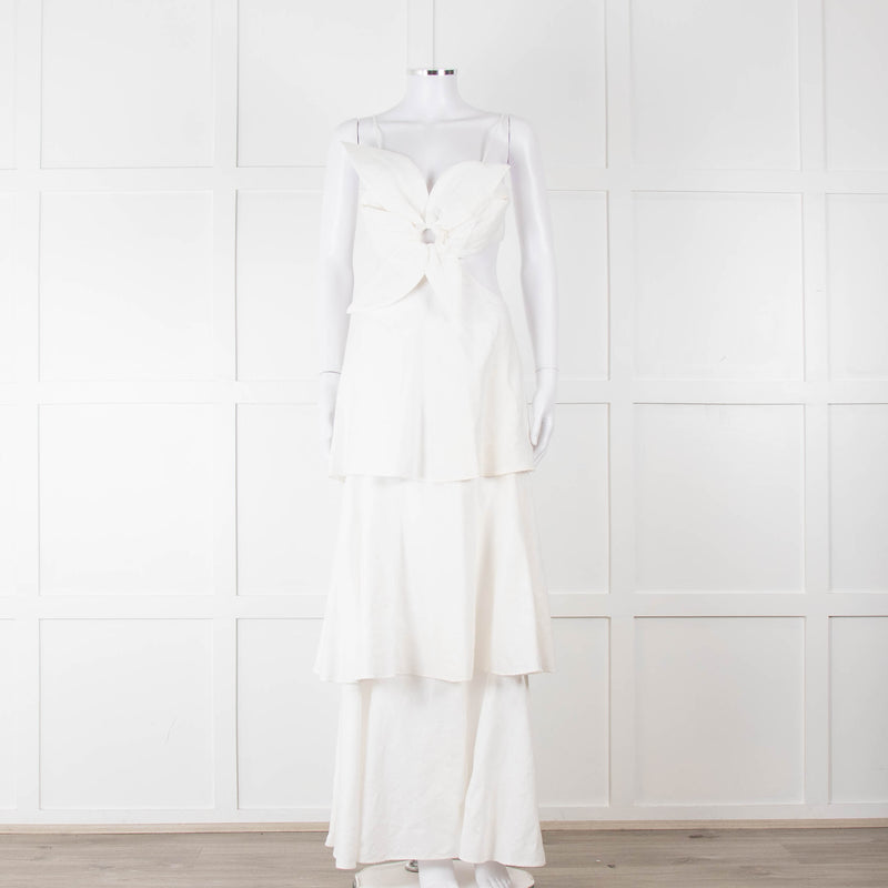 Farm Rio White Linen Tiered Cut Away Maxi Dress