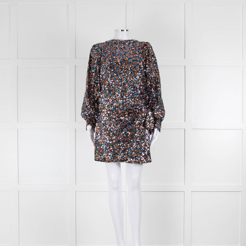 Sezane Silver Blue Copper Sequin Wrap Mini Skirt With Top