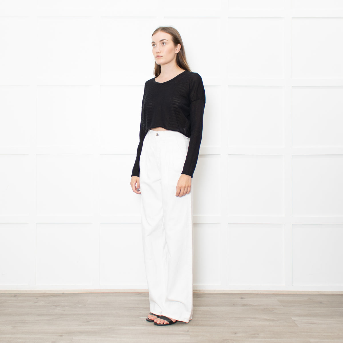 Sarah Pacini Black Knitted Long Sleeve Crop Top