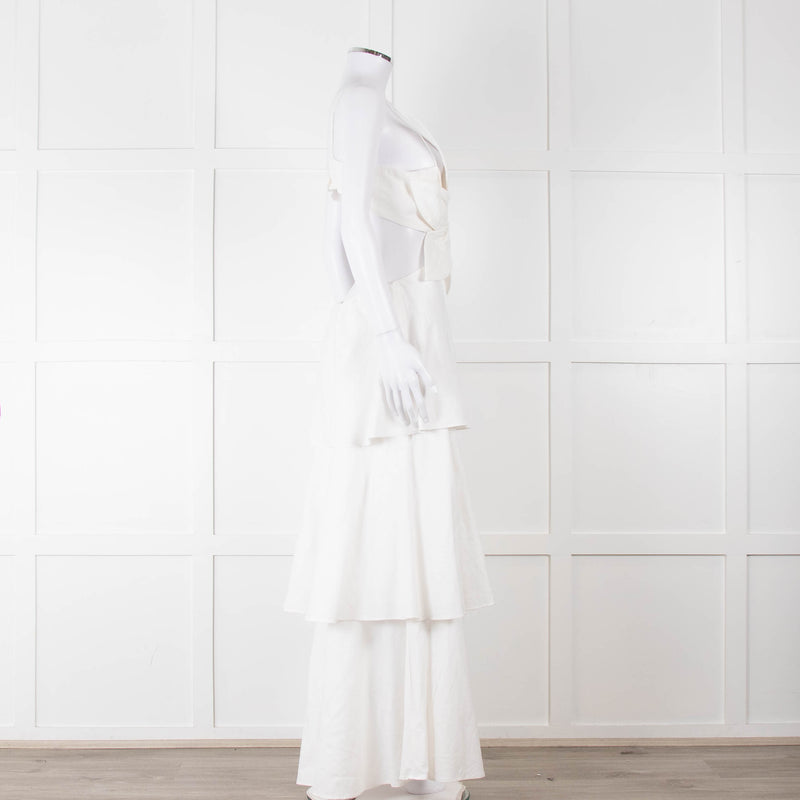 Farm Rio White Linen Tiered Cut Away Maxi Dress