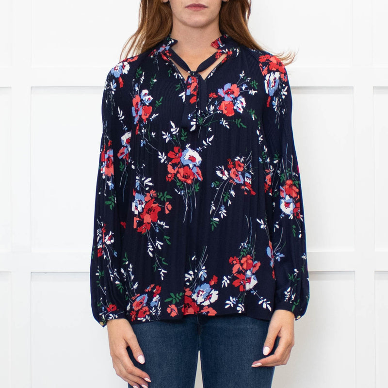 Lauren By Ralph Lauren Blue Top With Multi Colour Flowers And Pleat Front