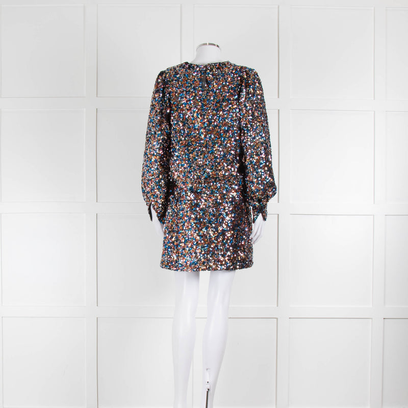 Sezane Silver Blue Copper Sequin Wrap Mini Skirt With Top