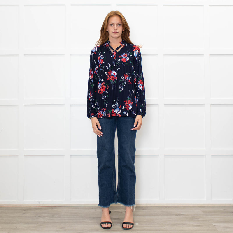 Lauren By Ralph Lauren Blue Top With Multi Colour Flowers And Pleat Front