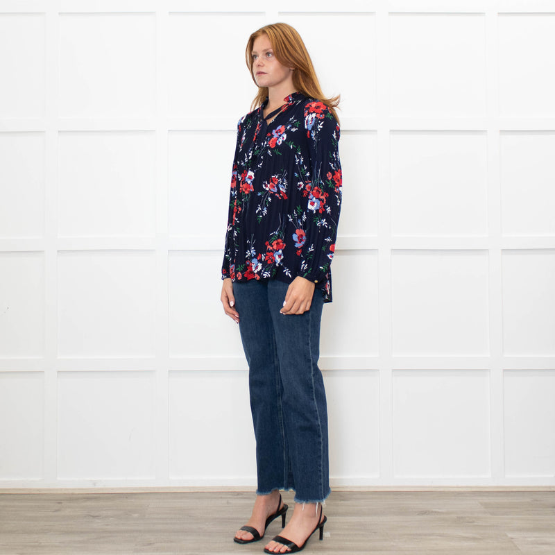 Lauren By Ralph Lauren Blue Top With Multi Colour Flowers And Pleat Front