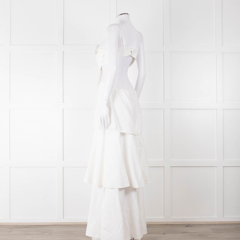 Farm Rio White Linen Tiered Cut Away Maxi Dress