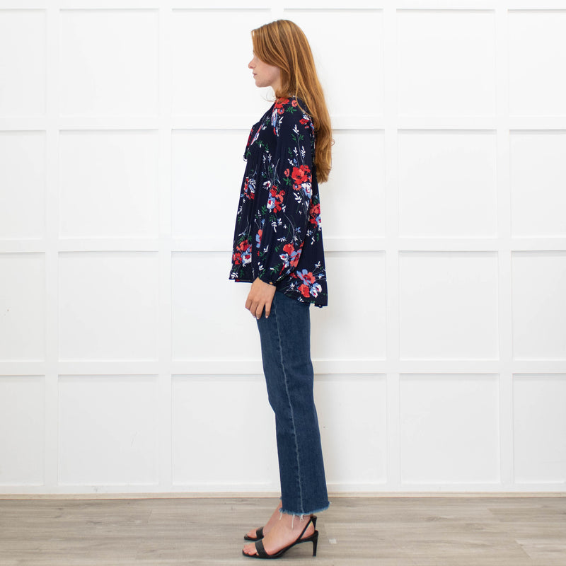 Lauren By Ralph Lauren Blue Top With Multi Colour Flowers And Pleat Front