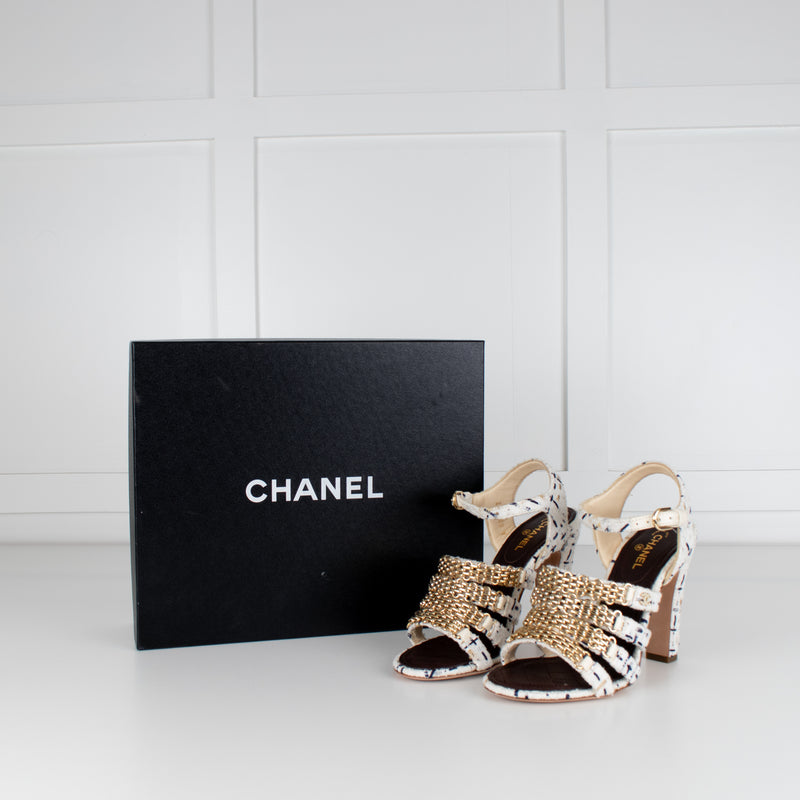 Chanel Cream Tweed Gold Chain Detail Heeled Sandals