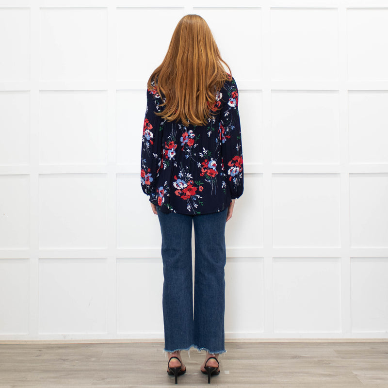 Lauren By Ralph Lauren Blue Top With Multi Colour Flowers And Pleat Front