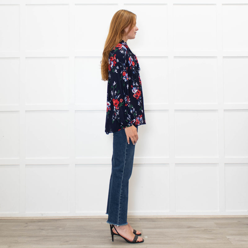 Lauren By Ralph Lauren Blue Top With Multi Colour Flowers And Pleat Front
