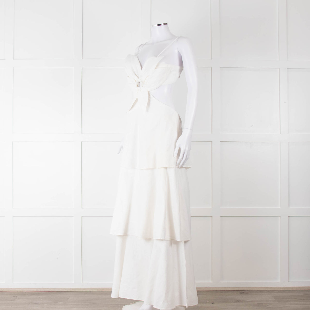 Farm Rio White Linen Tiered Cut Away Maxi Dress