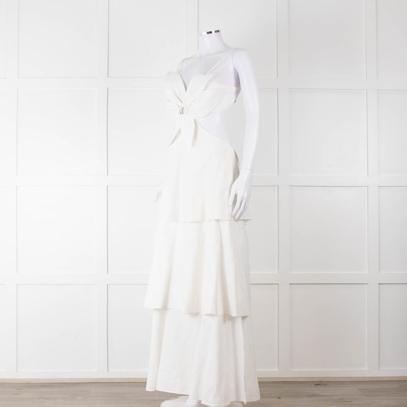 Farm Rio White Linen Tiered Cut Away Maxi Dress