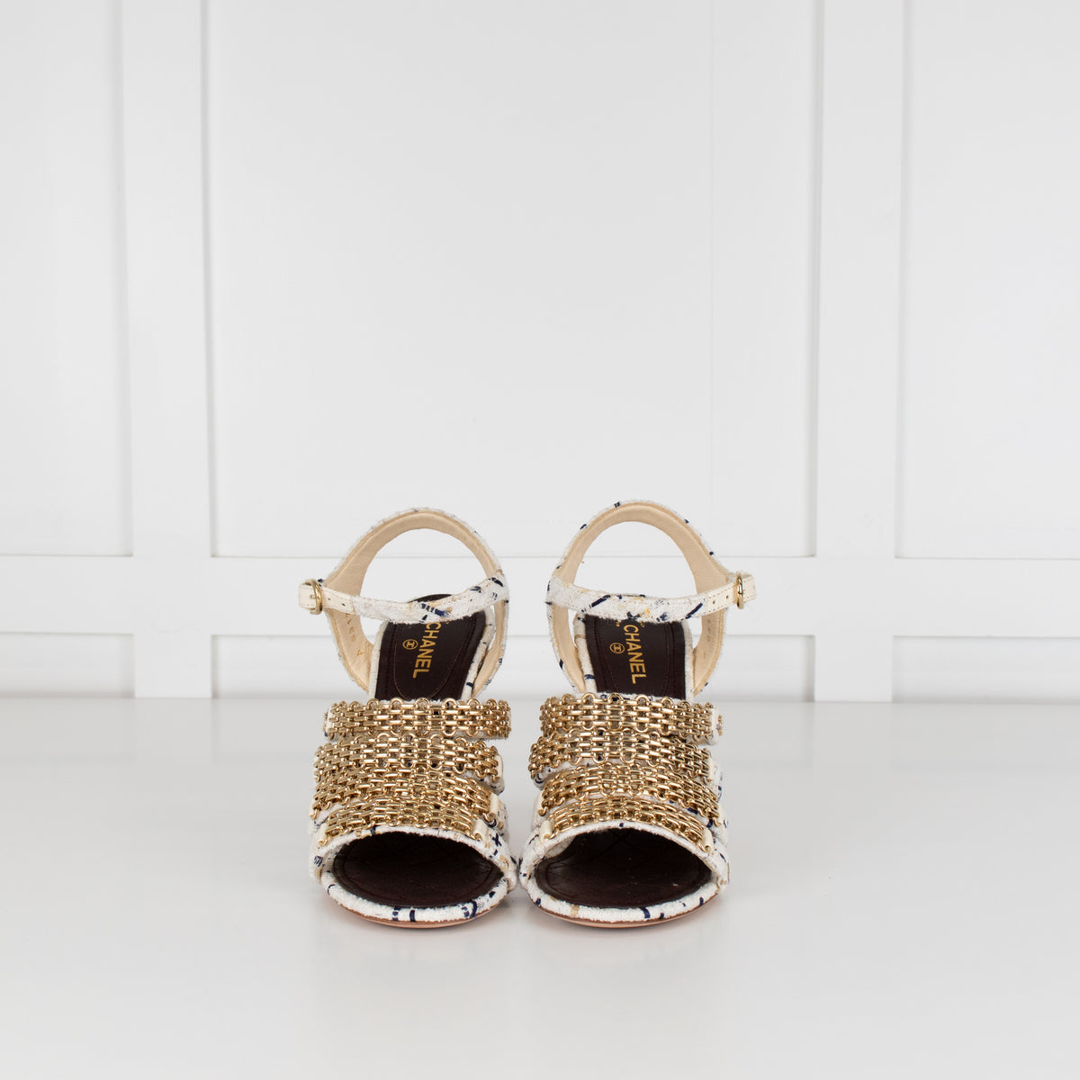 Chanel Cream Tweed Gold Chain Detail Heeled Sandals