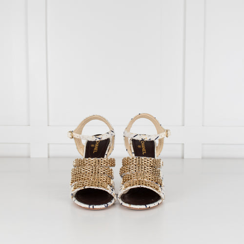 Chanel Cream Tweed Gold Chain Detail Heeled Sandals