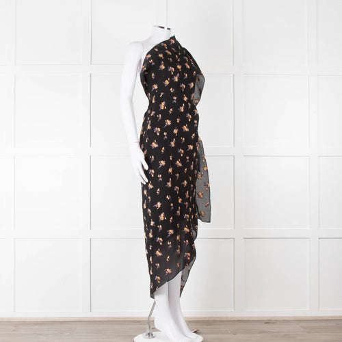 Roland Mouret Black Crinkle Floral One Shoulder Dress