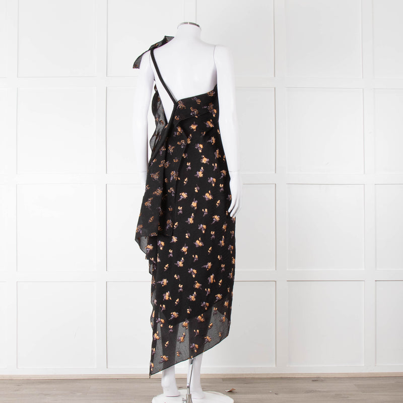 Roland Mouret Black Crinkle Floral One Shoulder Dress
