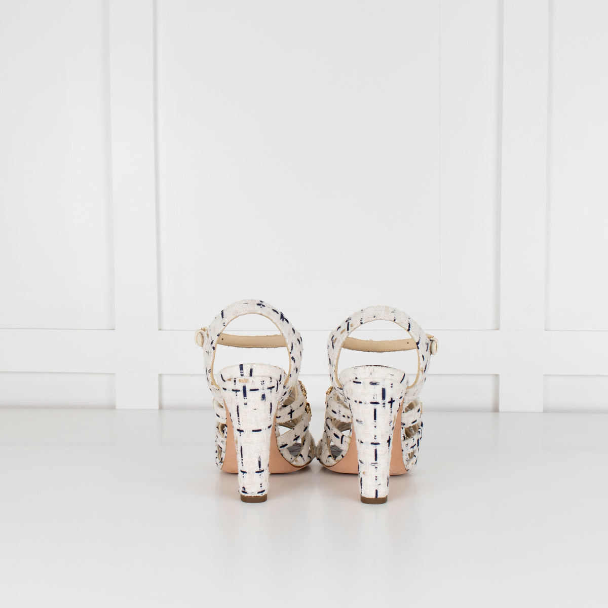 Chanel Cream Tweed Gold Chain Detail Heeled Sandals