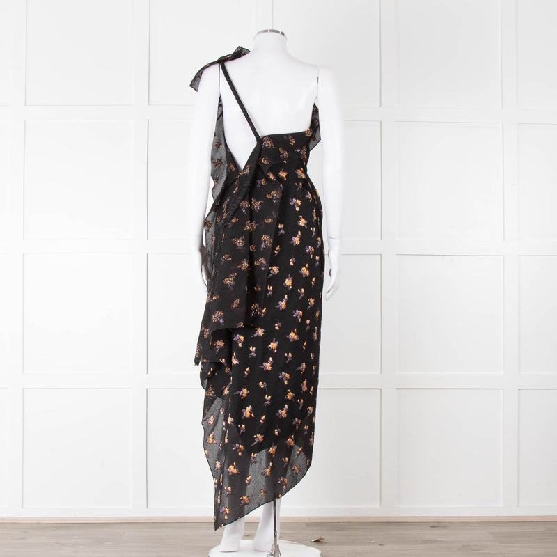 Roland Mouret Black Crinkle Floral One Shoulder Dress