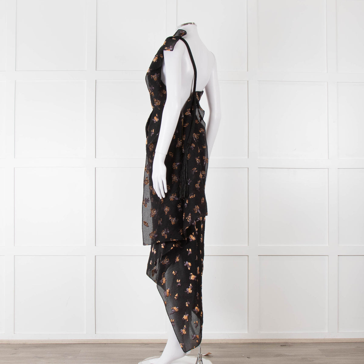Roland Mouret Black Crinkle Floral One Shoulder Dress
