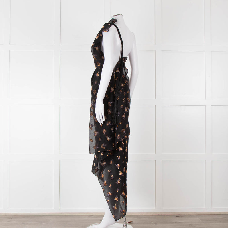 Roland Mouret Black Crinkle Floral One Shoulder Dress