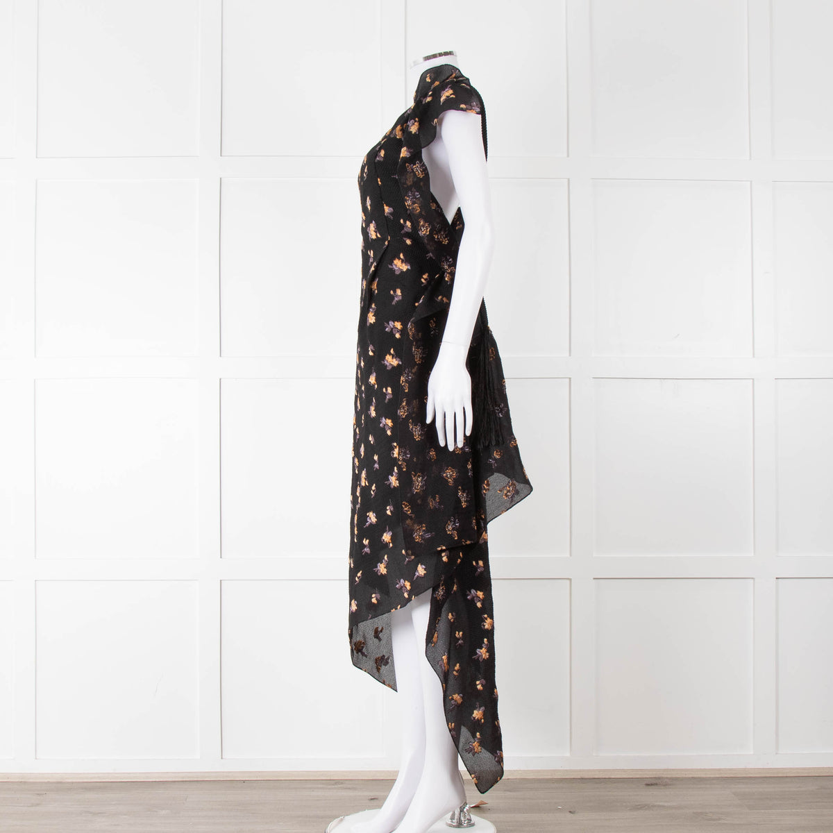 Roland Mouret Black Crinkle Floral One Shoulder Dress