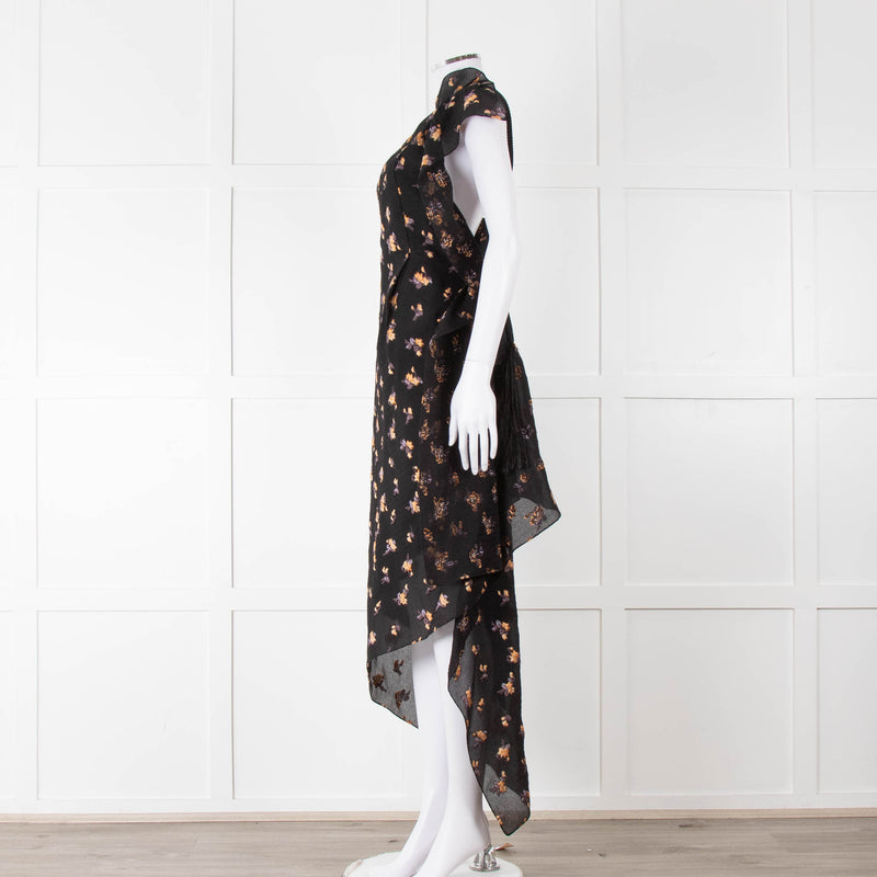 Roland Mouret Black Crinkle Floral One Shoulder Dress