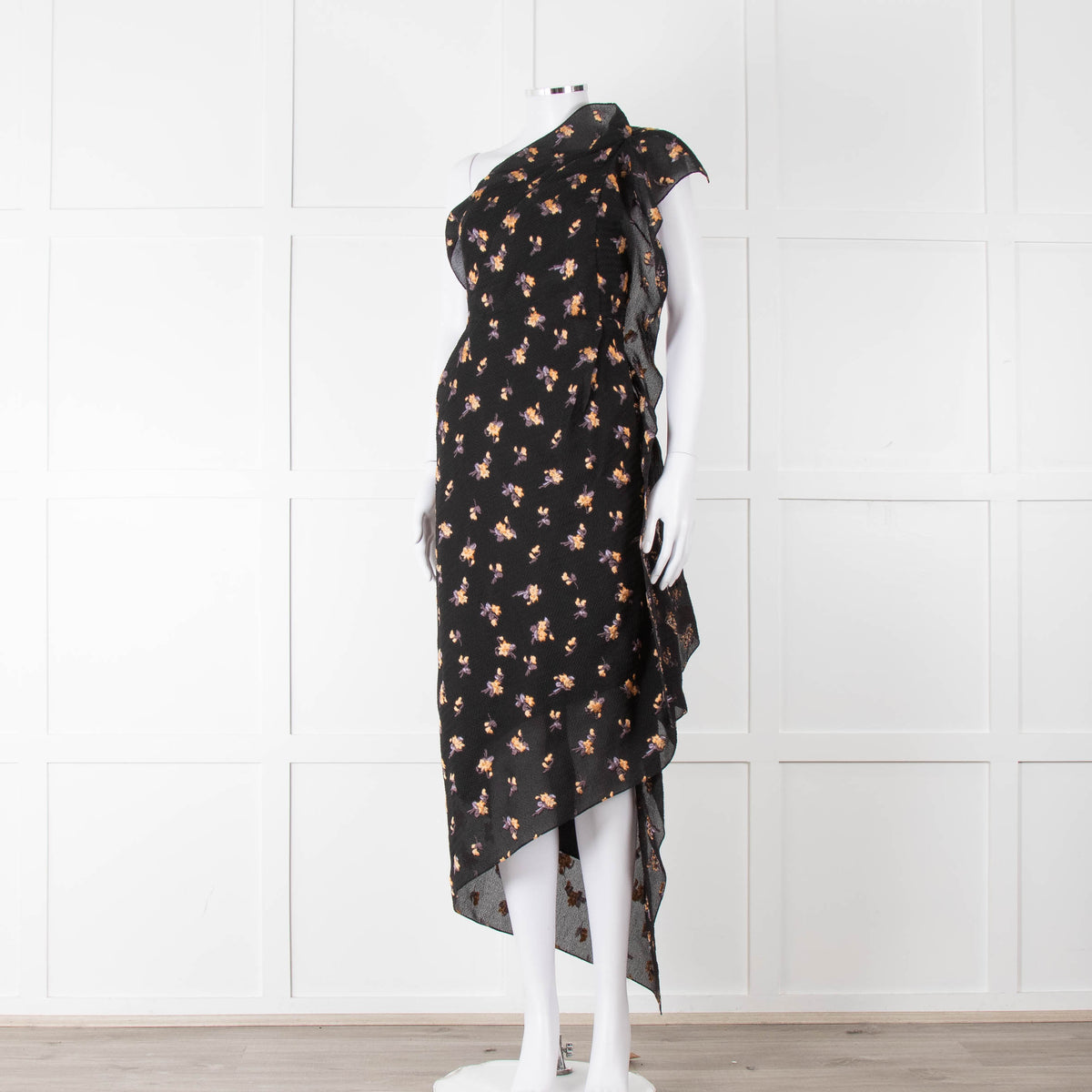 Roland Mouret Black Crinkle Floral One Shoulder Dress