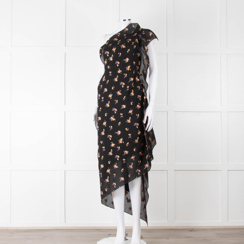 Roland Mouret Black Crinkle Floral One Shoulder Dress