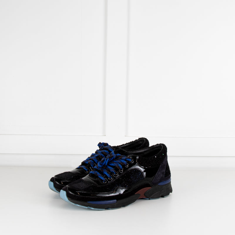 Chanel Black Blue Tweed Suede Trim Trainers