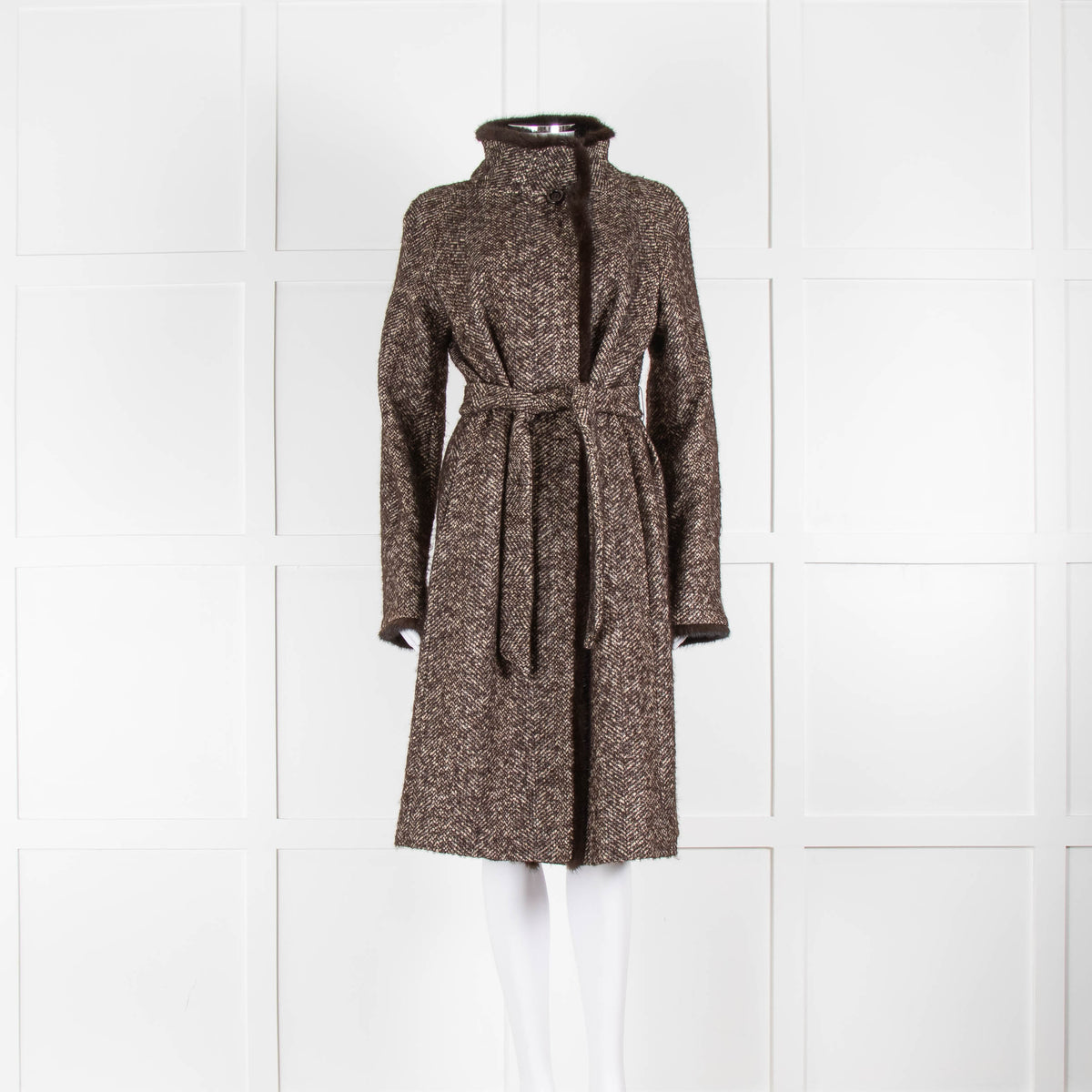 Max Mara Brown White Tweed Mink Trim Coat