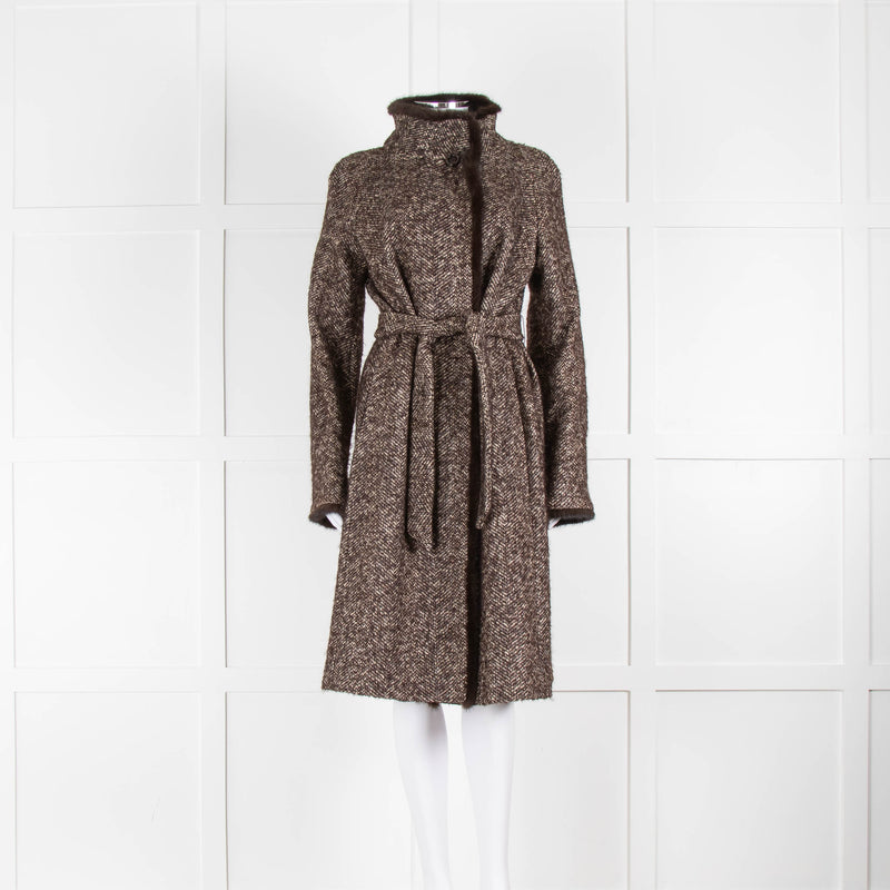 Max Mara Brown White Tweed Mink Trim Coat