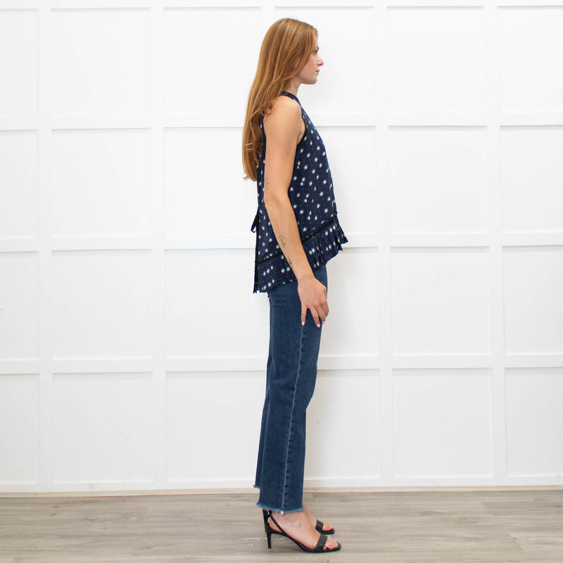 Lee Mathews Navy Star Print Sleeveless Tie Back Top With Pleat Hem