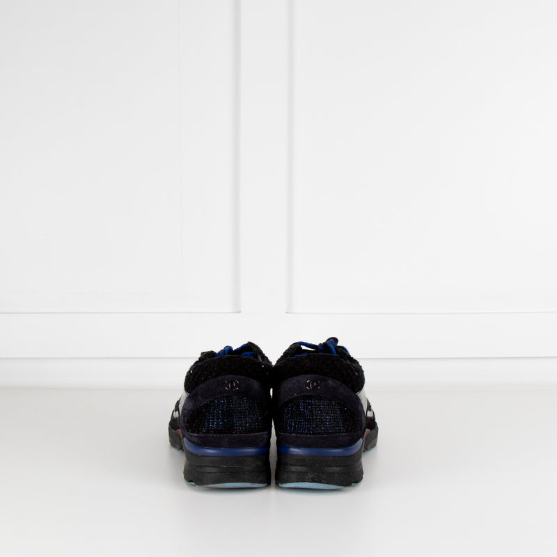 Chanel Black Blue Tweed Suede Trim Trainers