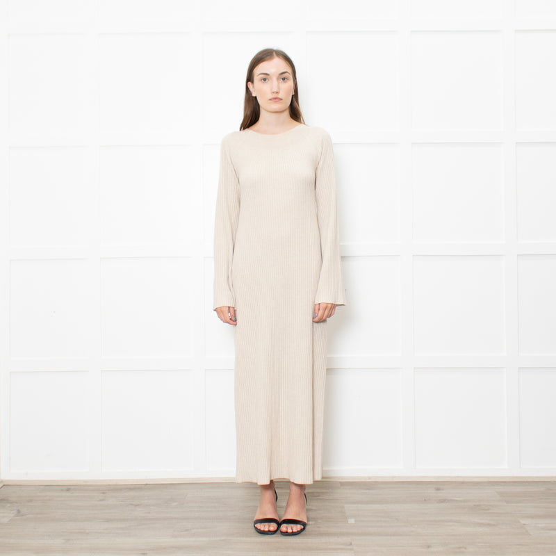 Theory Oatmeal Knitted Ribbed Midi Dress