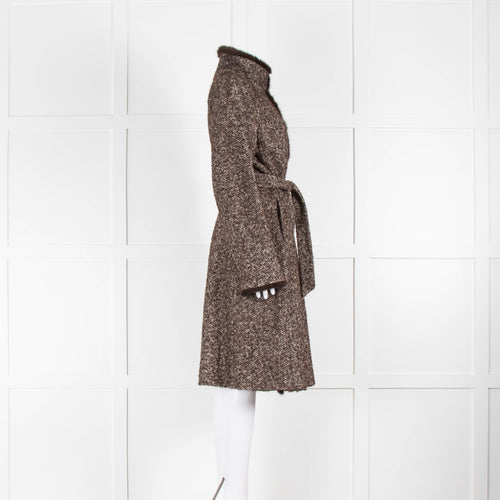 Max Mara Brown White Tweed Mink Trim Coat