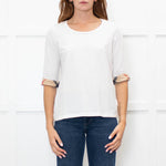 Burberry White Mid Sleeve Top With Check Trim Cuffs