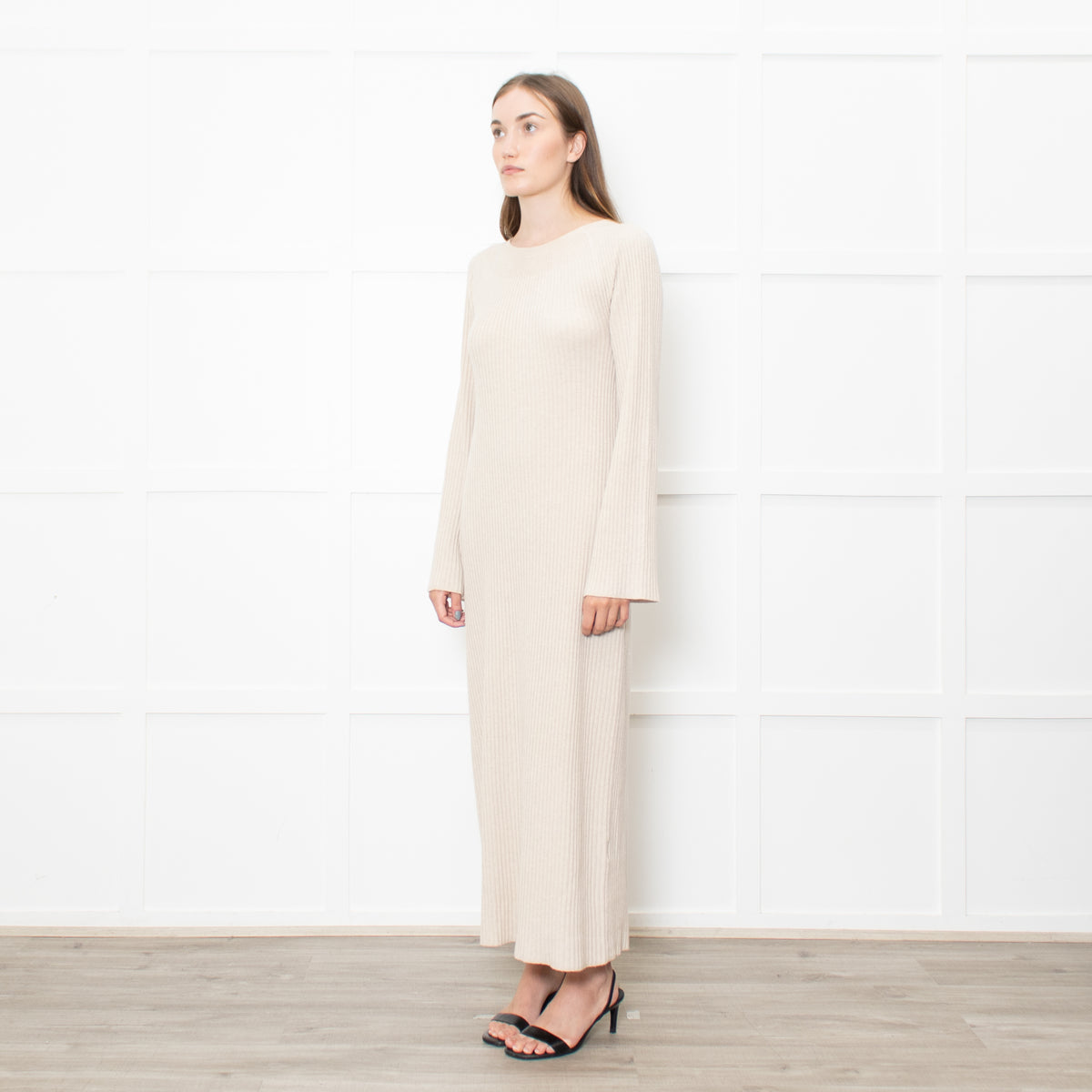 Theory Oatmeal Knitted Ribbed Midi Dress